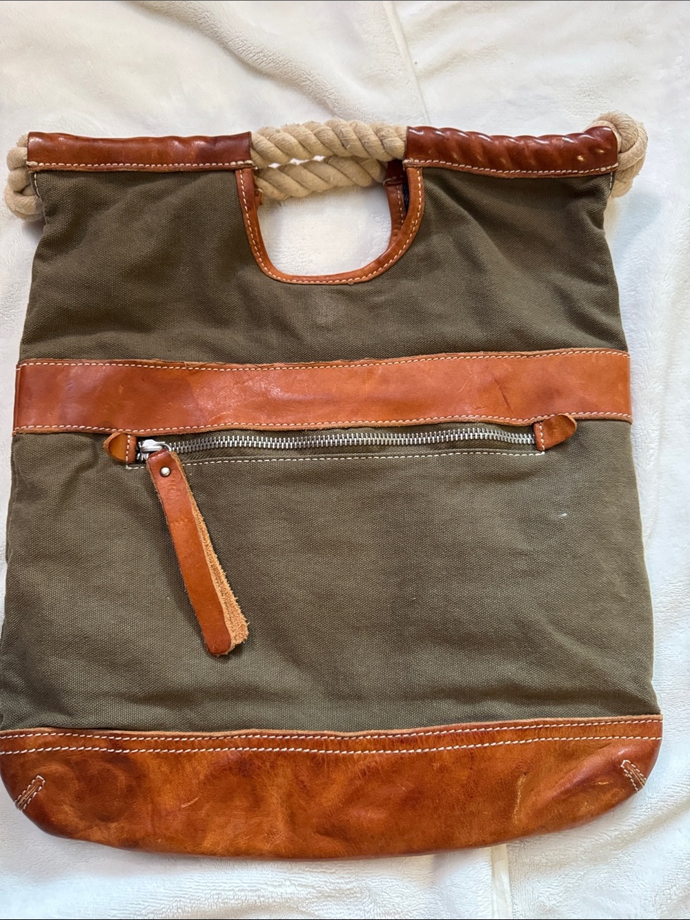 Canvas & Leather Rope-Handle Tote in Olive and Brown